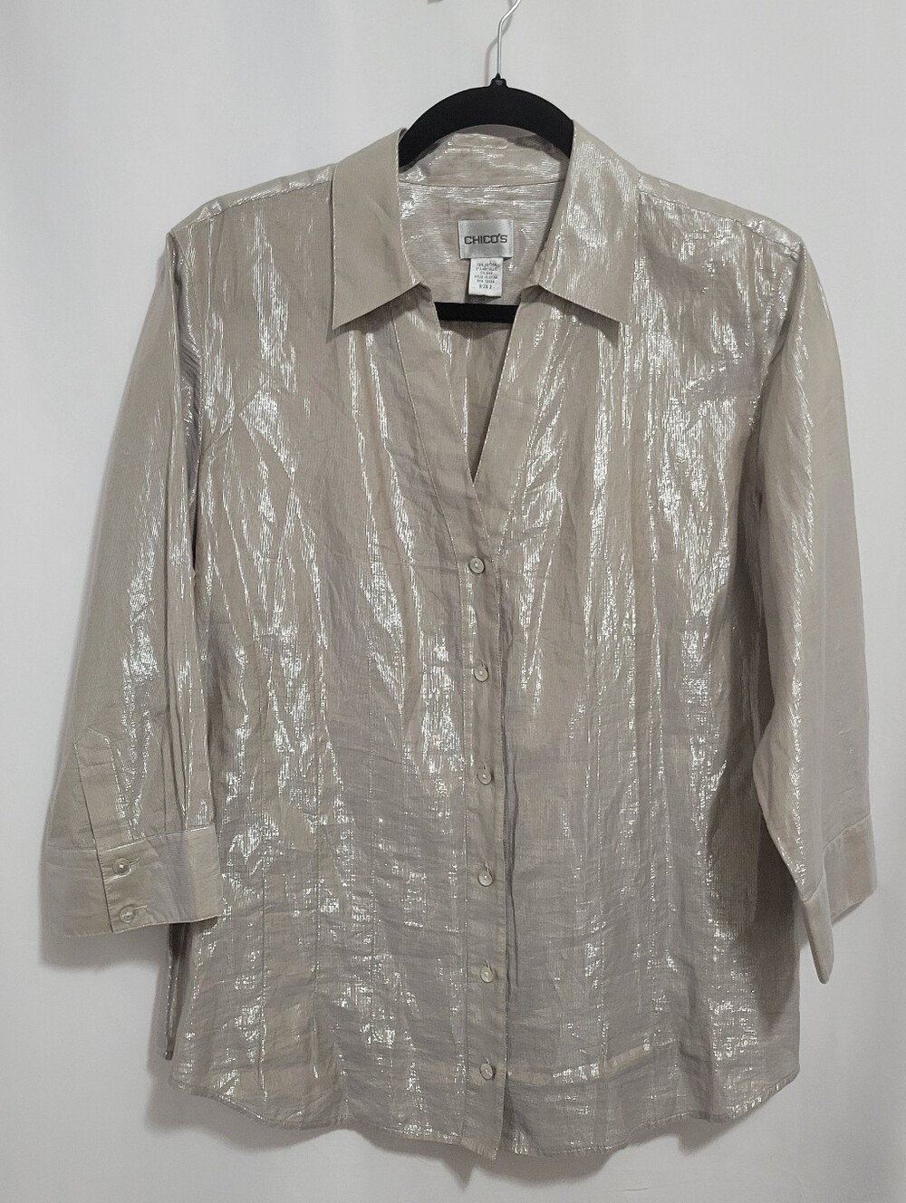 Chico's Silver Metallic L/S Botton-down Shirt, Size 2. Silk blend
